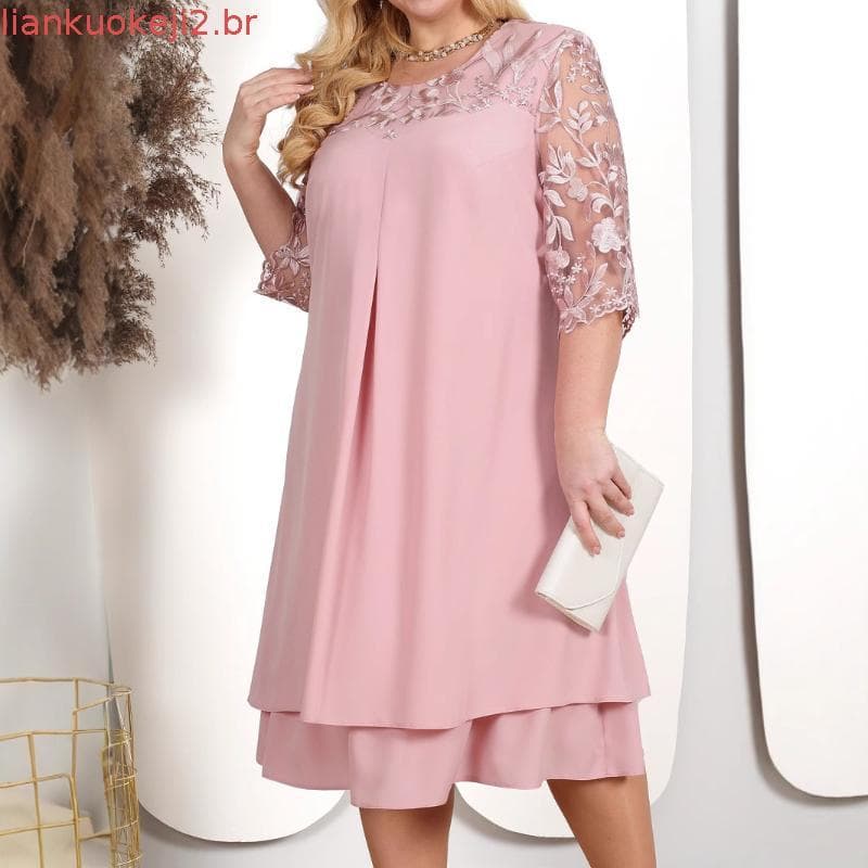 Vestido De Festa Feminino Bordado chiffon Retalhos Em Torno Do Pescoço Manga Cinco Quartos midi plus size