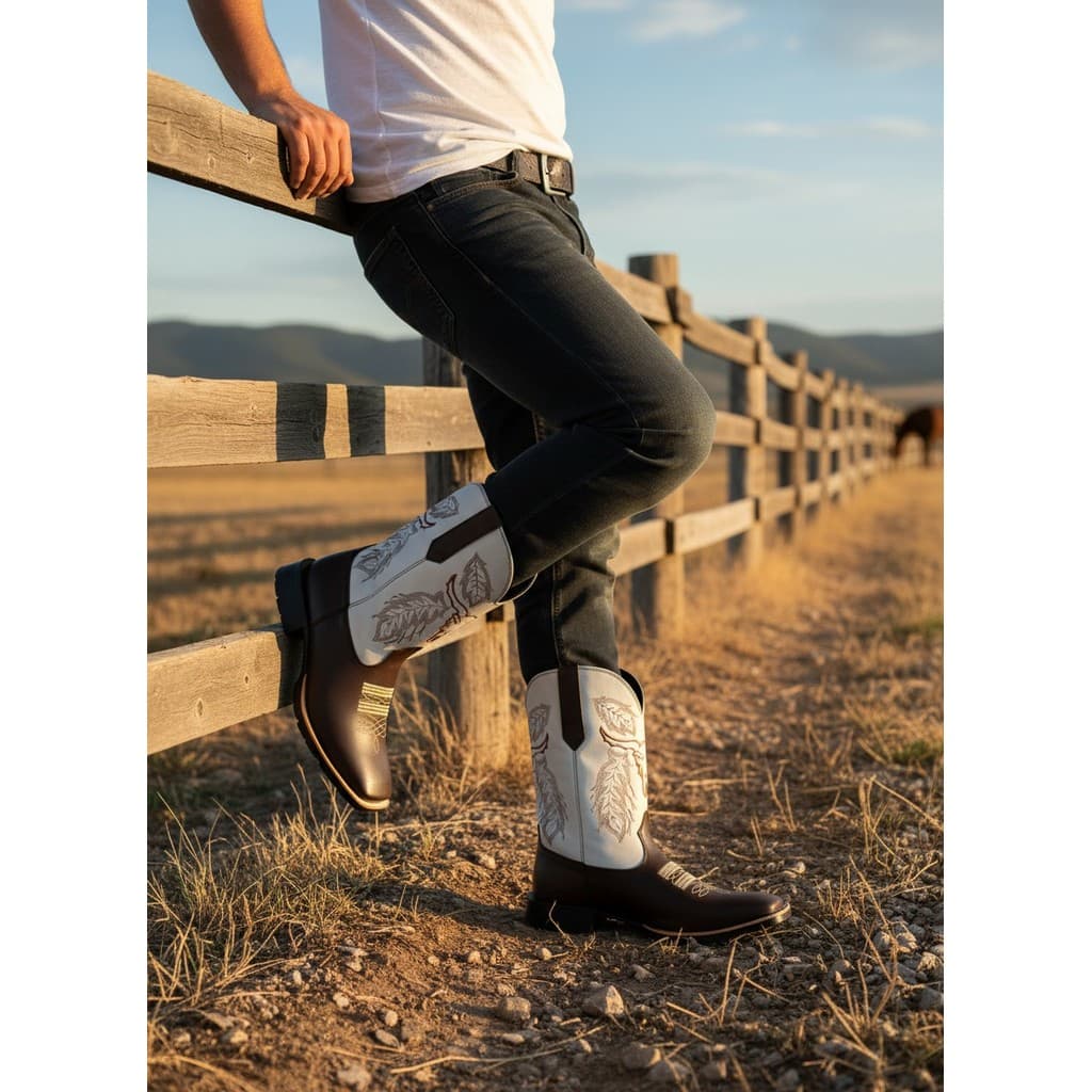 Bota Texana Masculina Couro Bico Quadrado Cowboy Rodeio Boiadeira Bordada Confortável Boi