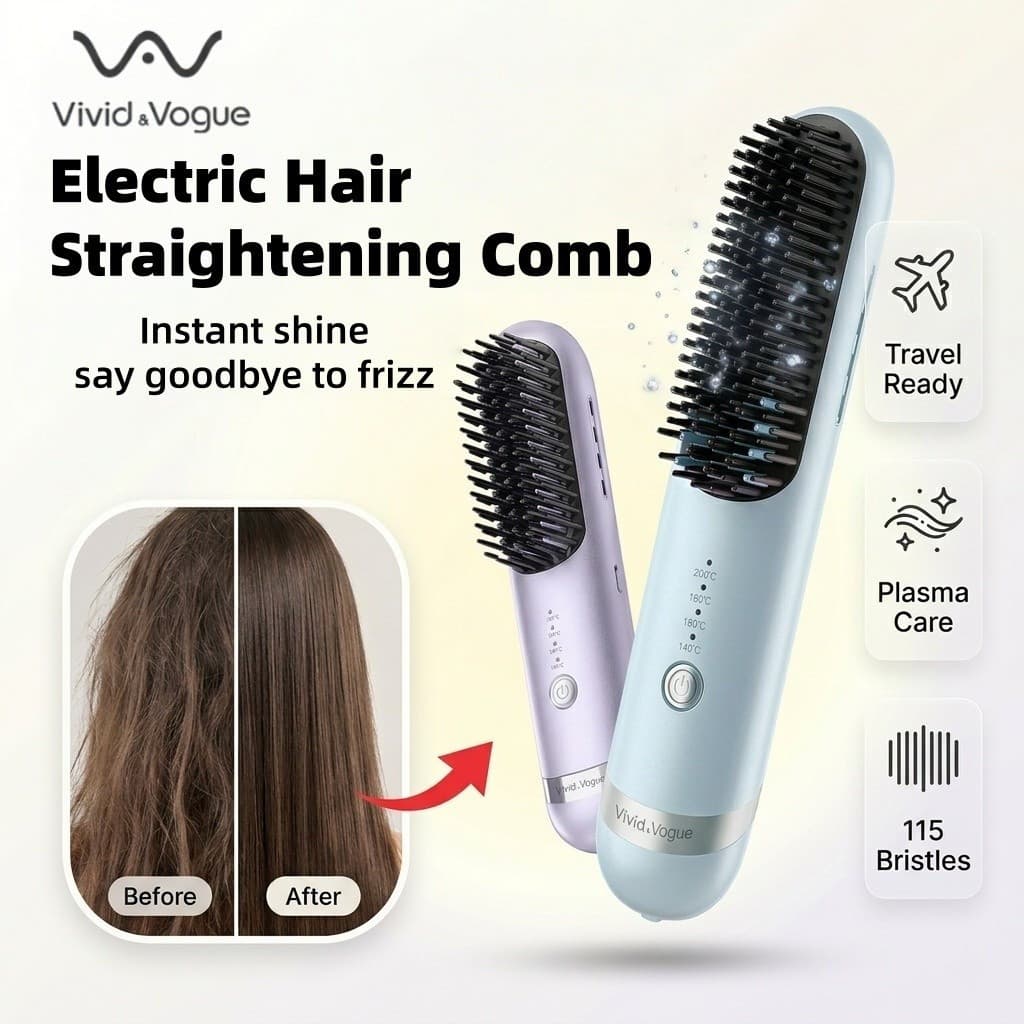 Vivid & Vogue Escova Alisadora De Cabelo Sem Fio Plasma Íon Negativo Pente De 115 Cerdas Densas Anti-Frizz Modelador Por