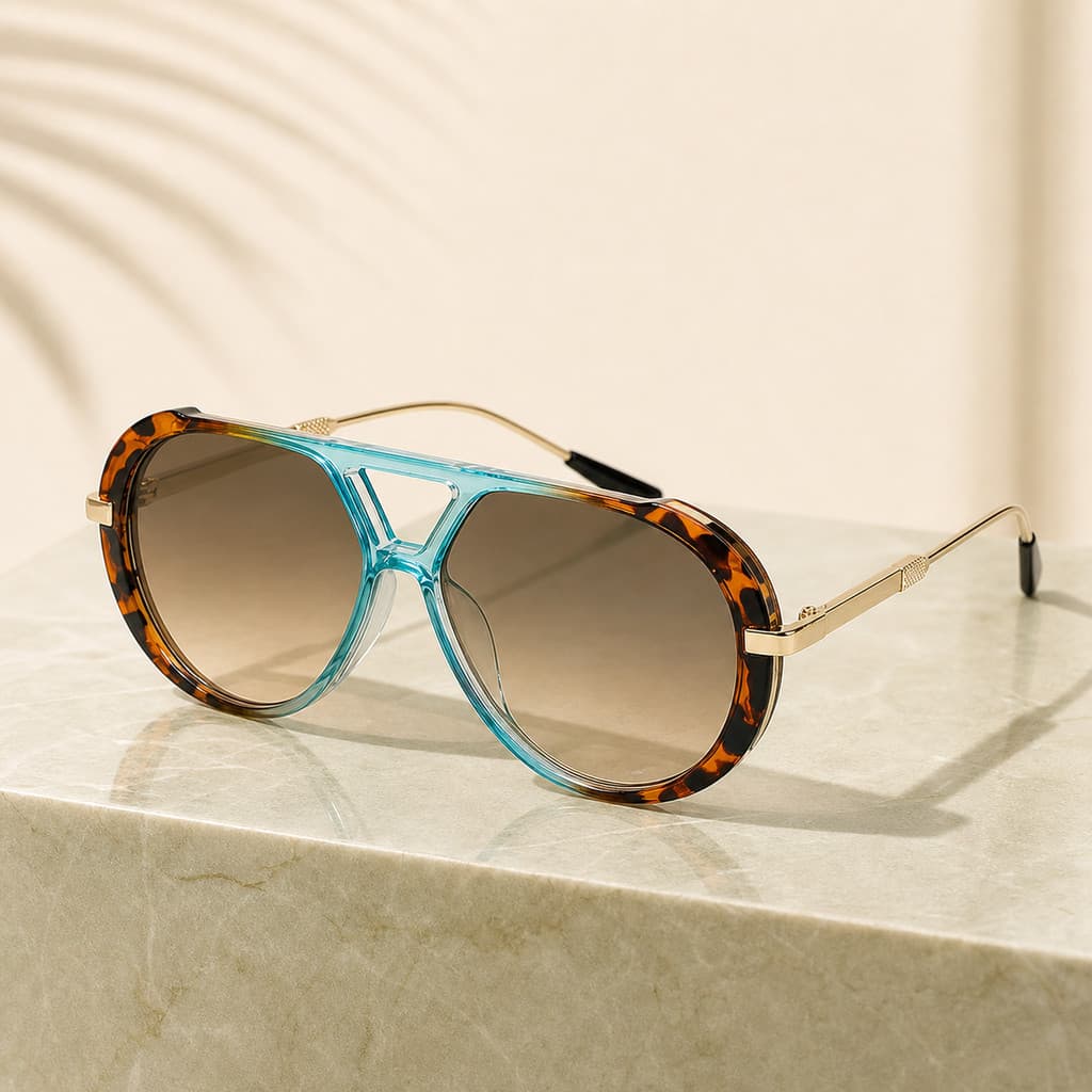 Óculos De Sol Aviador Grandes Femininos , Lentes Gradientes Com Armação De Tartaruga E Azul-Petróleo , Templos Dourados