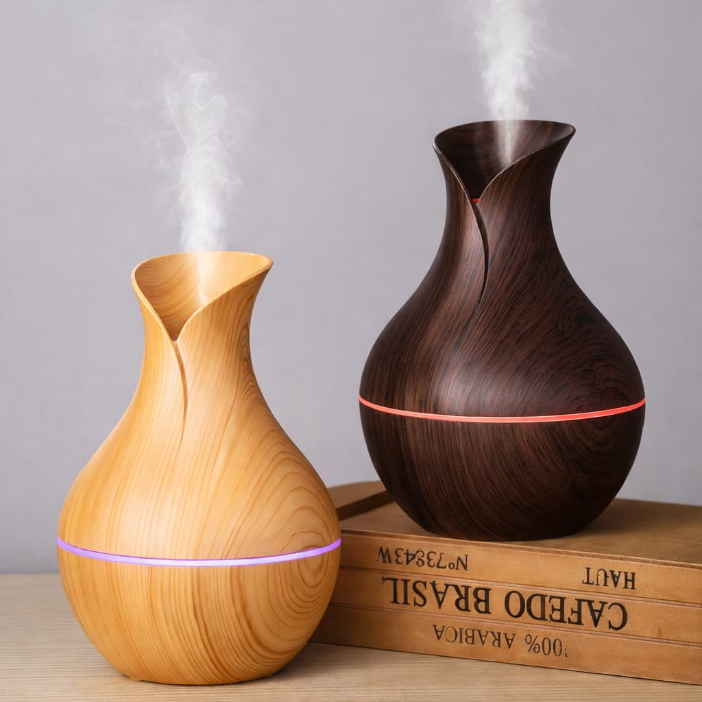 Umidificador de Mesa 200ml Difusor Aromático Efeito Madeira Baixo Consumo para Quarto
