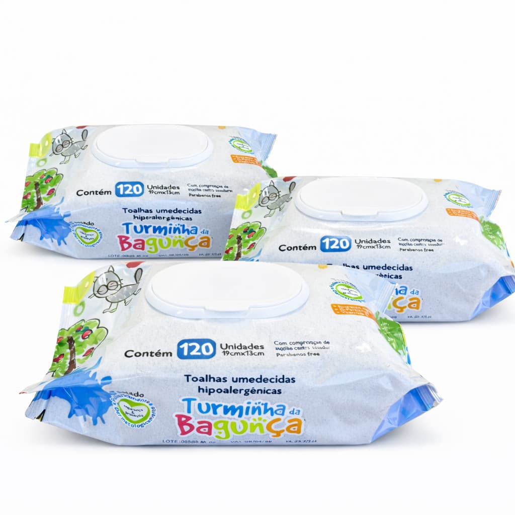 Kit 3 Lenços Umedecido Infantil Com Tampa Flip Top 120 Folhas - Limpeza Suave Pele Sensível Bebê - Turminha da Bagunça