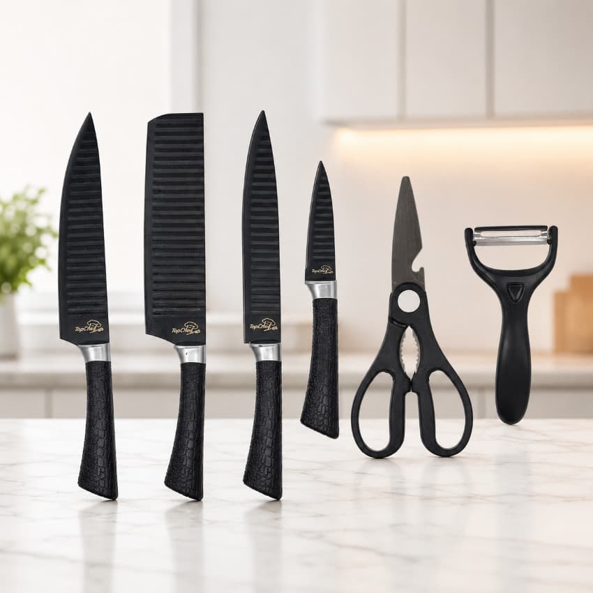 Jogo de Facas de Cozinha TopChef 6 Peças com Cutelo Tesoura Descascador e Faca Chef