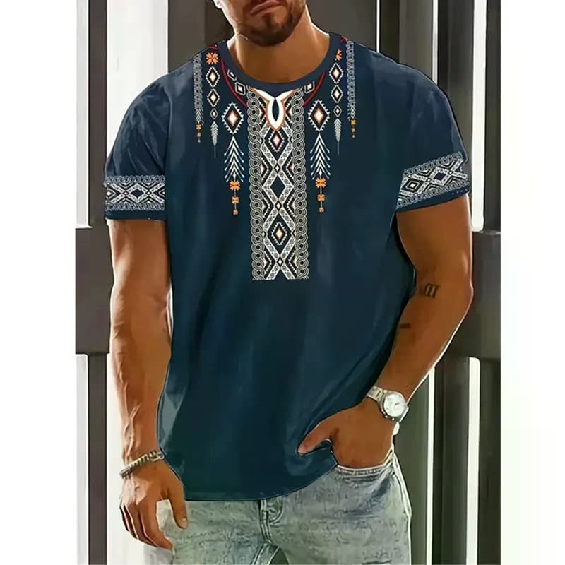 Retro Estilo Étnico Impresso Camiseta Tamanho Grande Masculino Manga Curta O-Pescoço Casual Pulôver Topos Sumemr Nova Ma