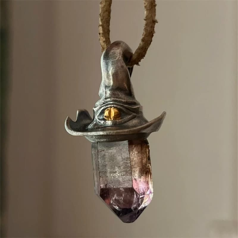 Pingente de chapéu de bruxa em formato de pilar hexagonal de ametista natural, estilo vintage, acessório de nicho único