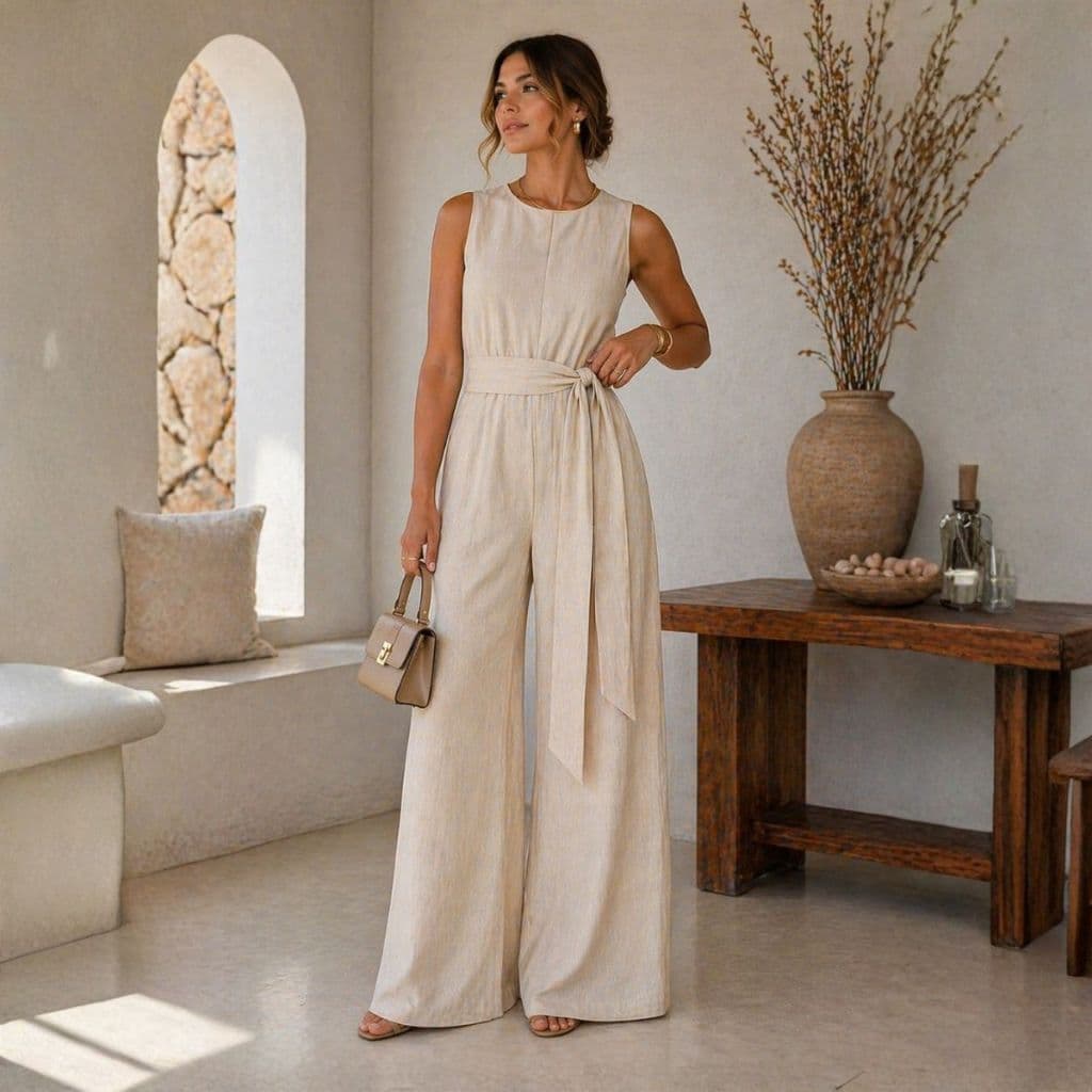 Macacão Feminino Social Viscolinho Pantalona Longo Elegante Com Cinto Sem Manga Decote Fechado