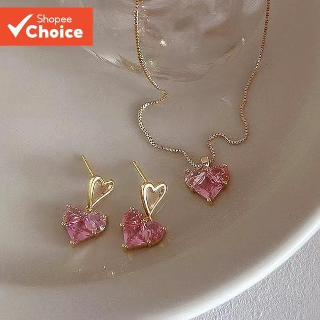 Conjunto De Colar E Brincos De Coração De Cristal Rosa Dourado De 3 Peças Para Mulheres