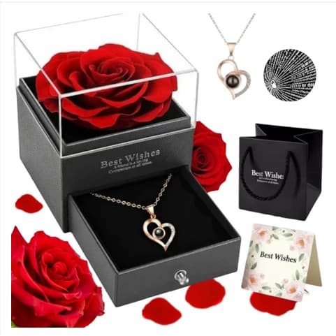 Rosa Eterna com Colar Coração Presente Romântico para Namorada, Esposa, Dia dos Namorados