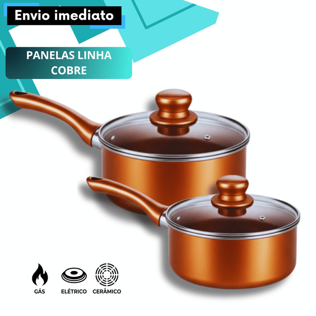 Kit 2 Panelas Linha Cobre Tampa de Vidro Cabo Antitérmico Antiaderente Para Fogão a Gás Enxoval Presente