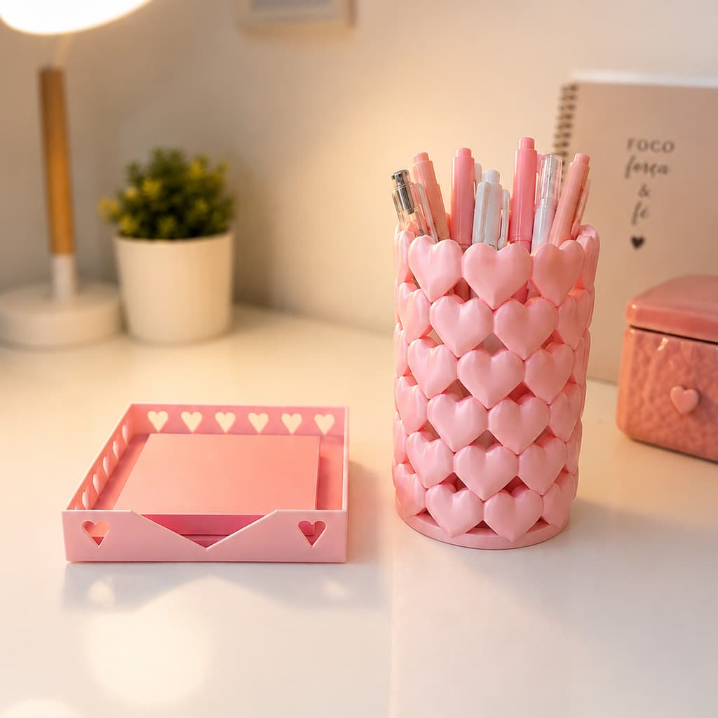 Kit Porta Post-it Organizador de Mesa Coração Suporte para Bloco de Notas e porta Canetas ou Pinceis