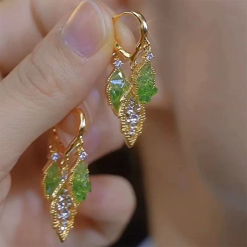 Elegantes e Exquisitos Brincos de Cristal Verde em Forma de Folha com Pendente Dourado para Mulheres, Joias para Festas