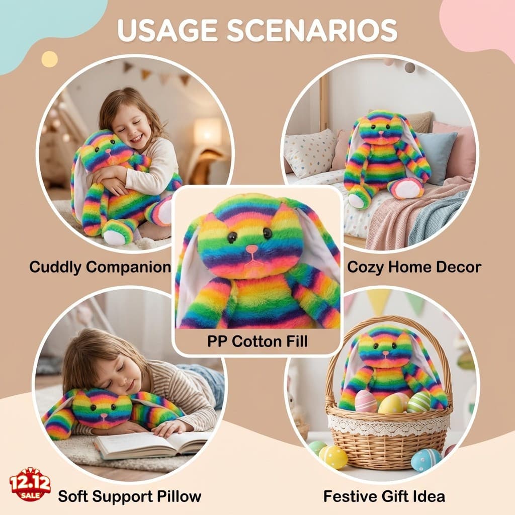 Coelho de Pelúcia Listrado Arco-Íris - Almofada Decorativa Infantil para Presente de Páscoa EVYL
