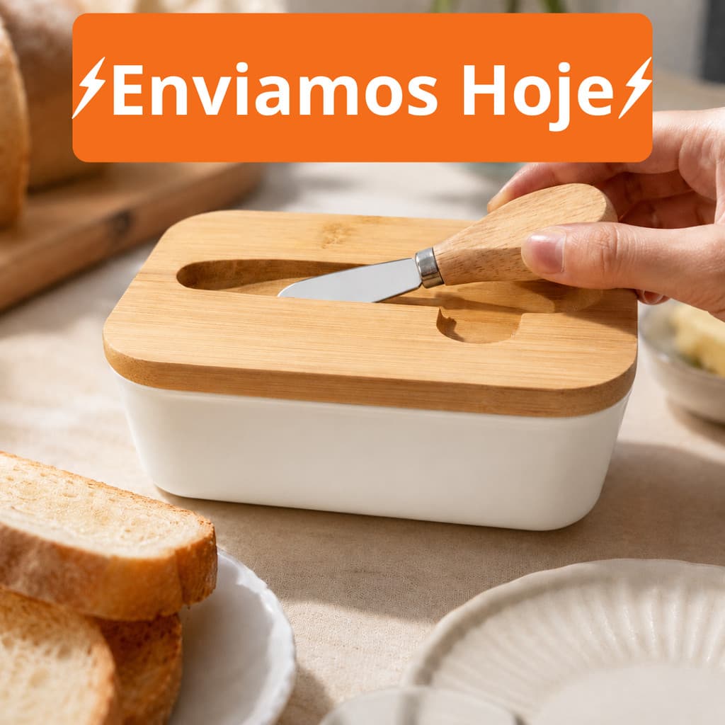Manteigueira Porta Manteiga Casual de Vidro com Espátula e Tampa de Bambu Requintada Butter Estampada Mesa Posta