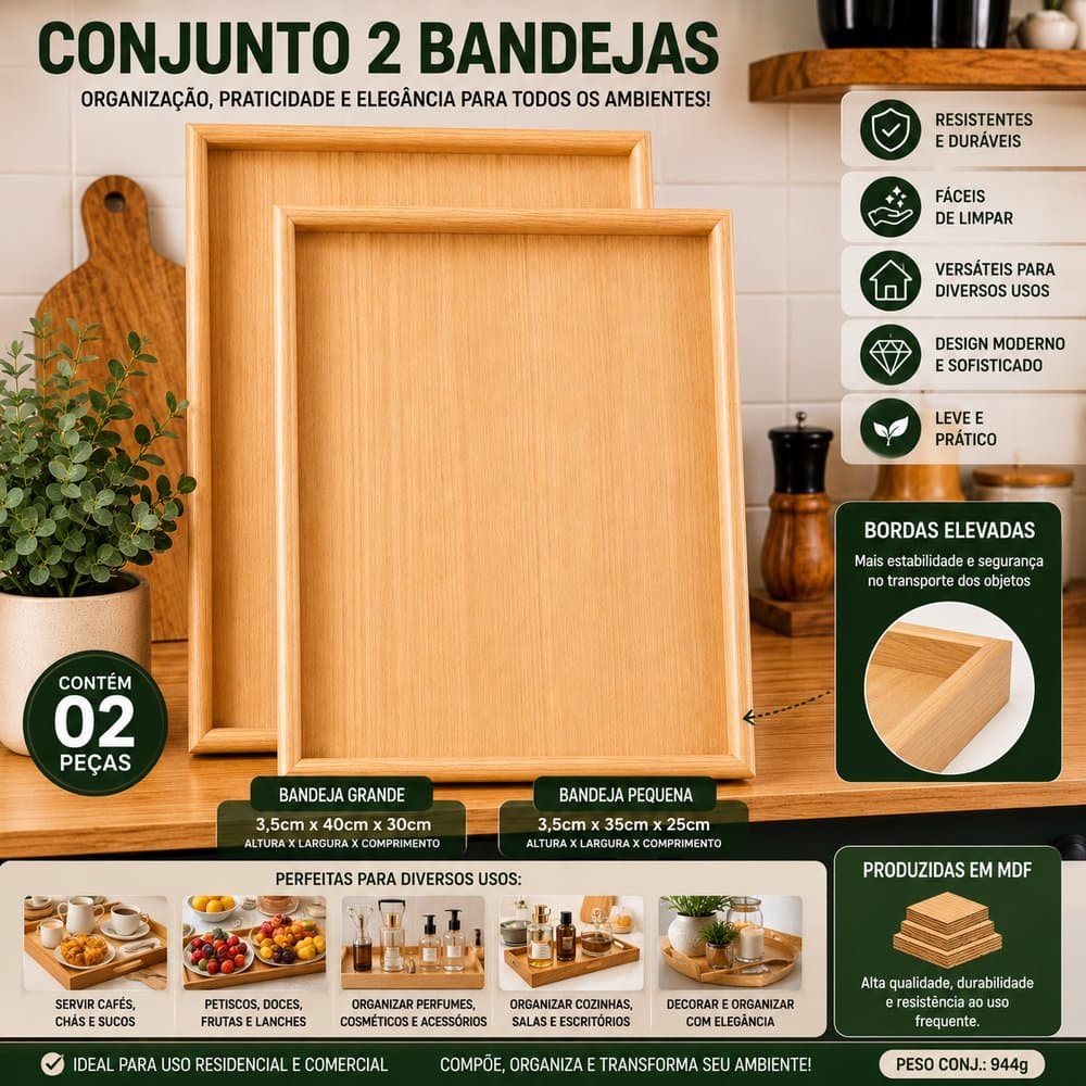 Conjunto 2 Bandejas Retangulares de Madeira MDF  Organização e Decoração Elegante