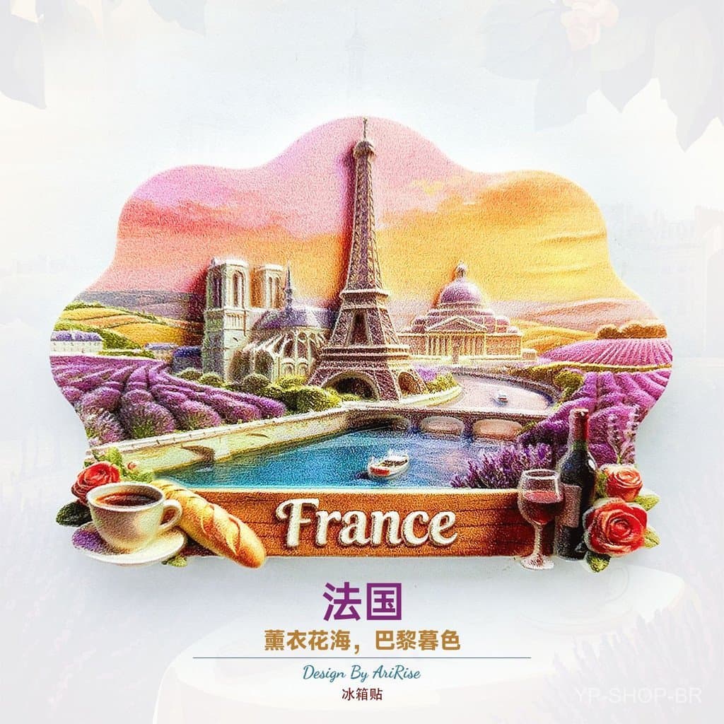 Ímã de Geladeira - Torre Eiffel Francesa e Campo de Lavanda - Decoração para Casa - Adesivo Magnético 3D - Paisagem em M