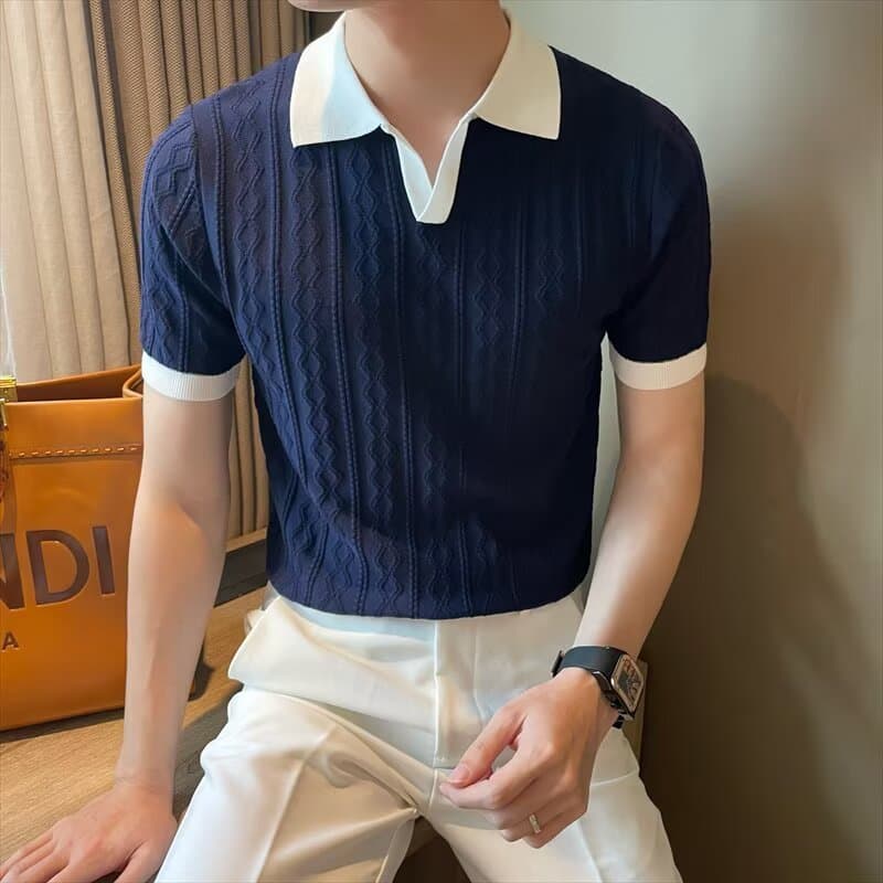 [Fornecimento exclusivo transfronteiriço] Camisa Polo de lapela Textura de manga curta respirável rígida Slim fit Sli