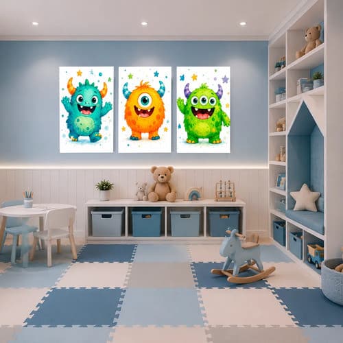 Kit 03 Quadros Decorativos Para Quarto Monstrinho Cute 50x90