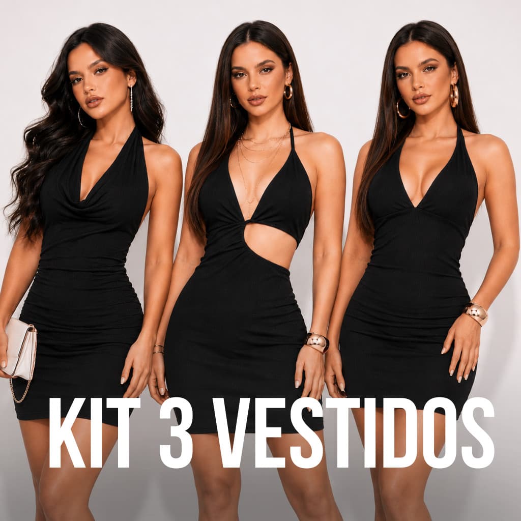 Kit 3 Vestidos Femininos Curto Canelado Justo Balada Festa Balada Noite Elegante Sensual Moda Verão Tamanho Único