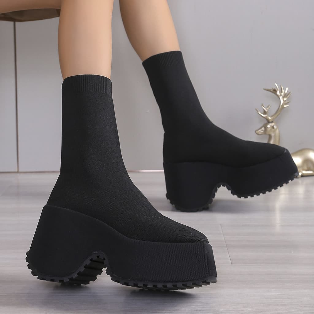 Botas femininas plus size, novidade de outono 2025, com sola grossa, salto robusto, elásticas de malha, de algodão e de