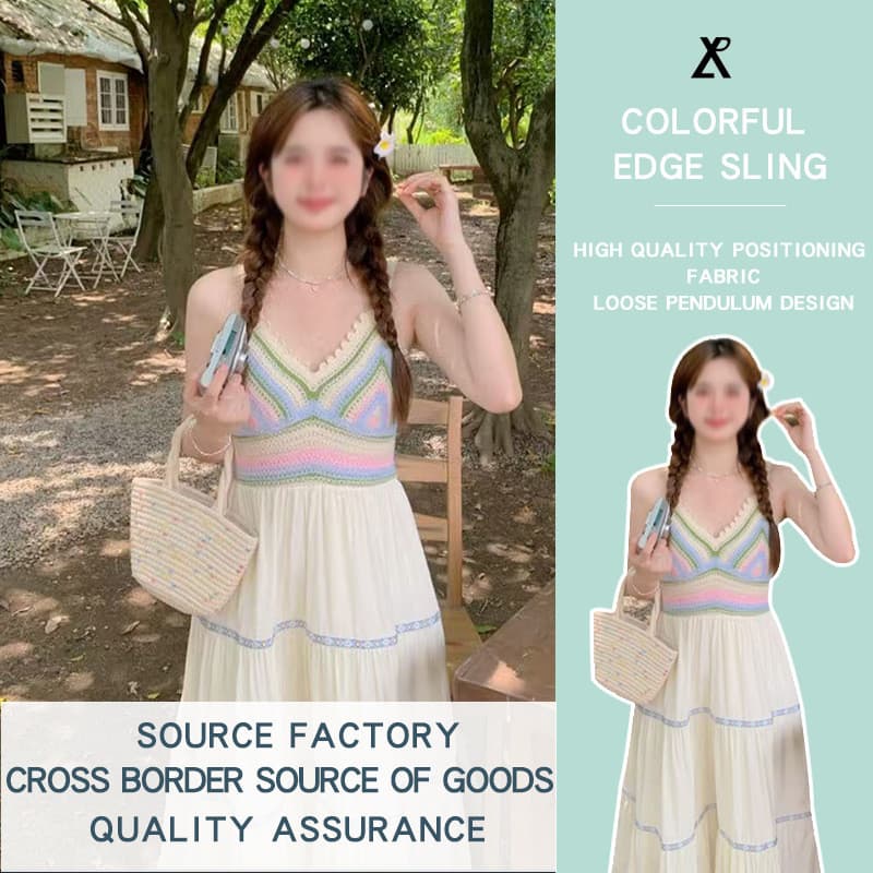 Cor borda estilingue vestido verão feminino malha costura nicho Design estilo férias