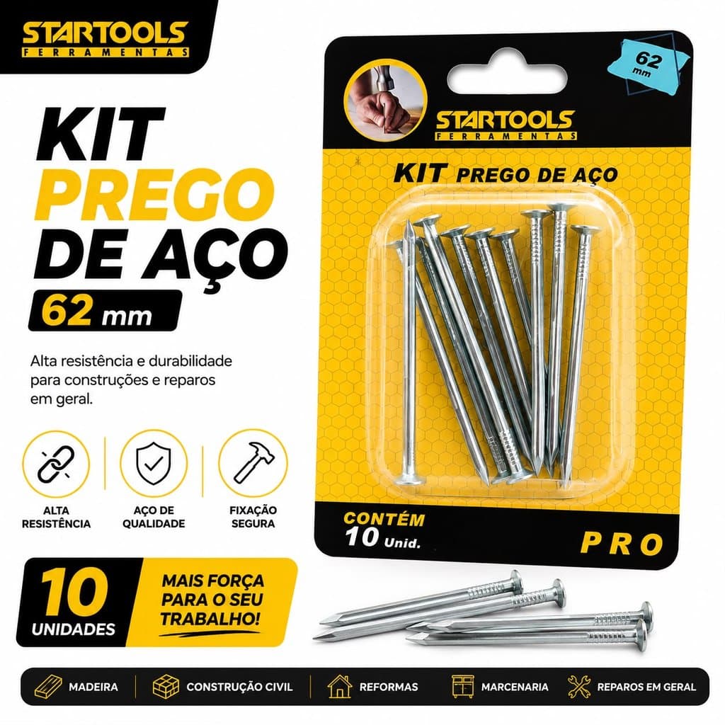 Prego de Aço 3x62mm Kit com 100 Unidades Atacado para Marcenaria Construção Pregos