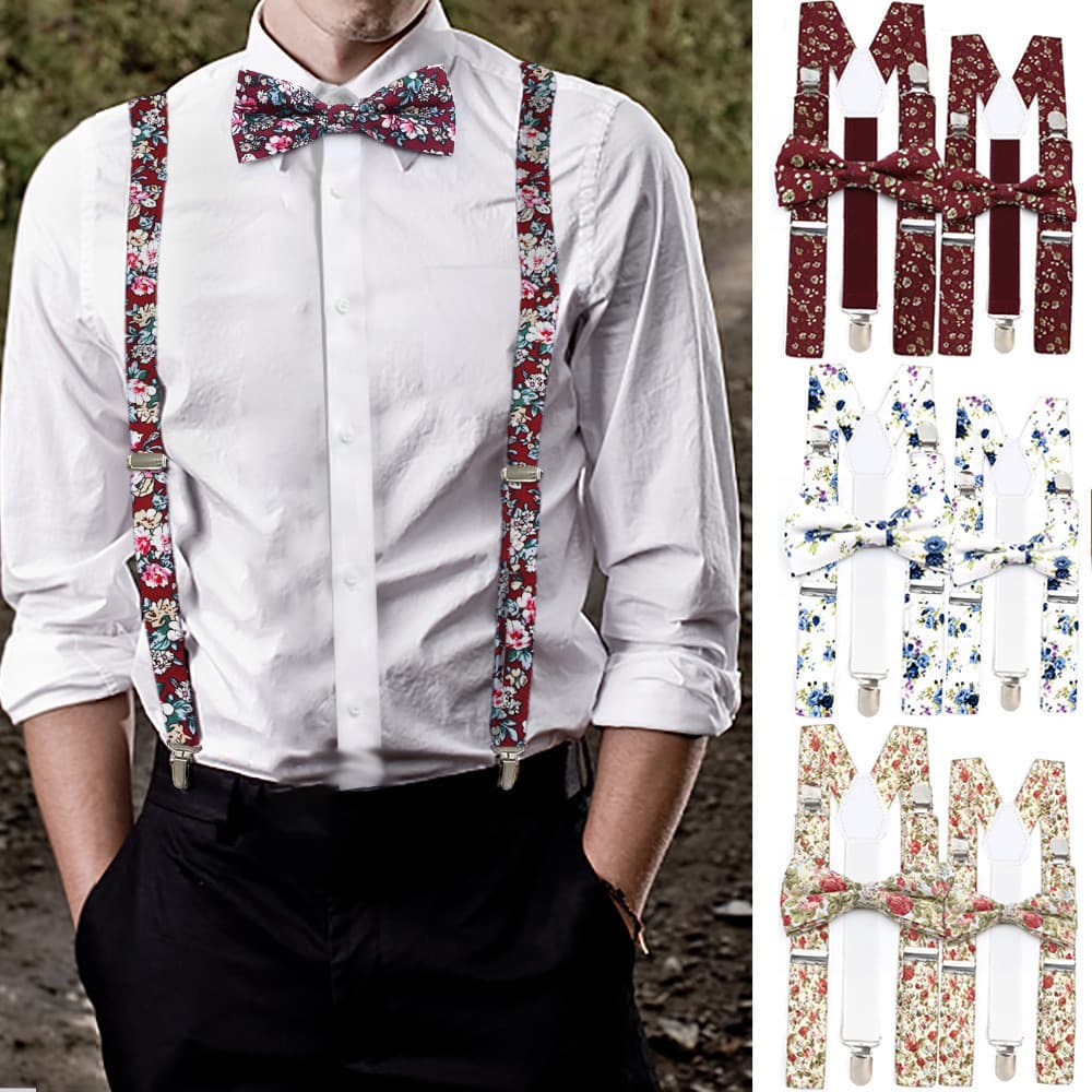Conjunto de gravata borboleta ZONFAZ para homens e mulheres, com suspensórios de algodão floral, disponível em dois tama