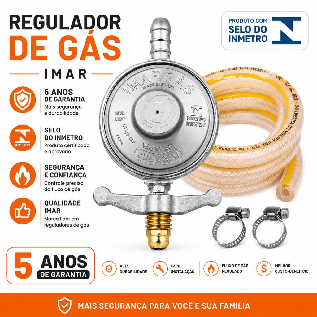 Kit Registro Regulador Gás de Cozinha para Botijão P13 Com Mangueira e 2 Abraçadeiras Imar/Formagas