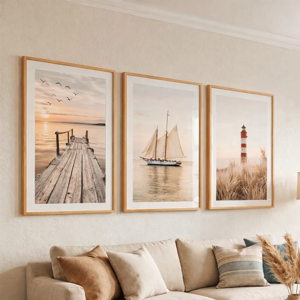 Kit 3 Quadros Náutico Pier, Barco a Vela e Um Farol Decor