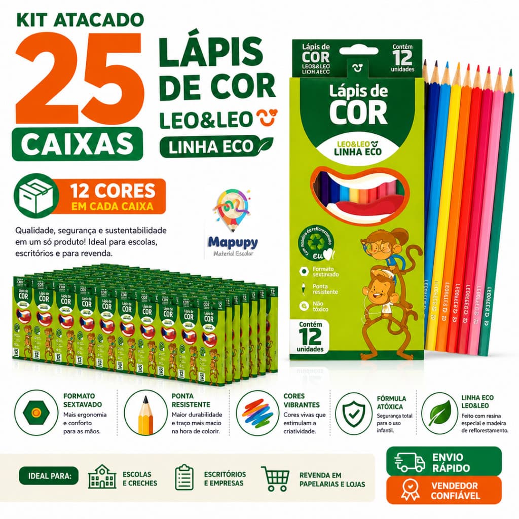 Kit Atacado 25 Caixas de Lápis de Cor 12 Cores Leo&Leo Linha Eco
