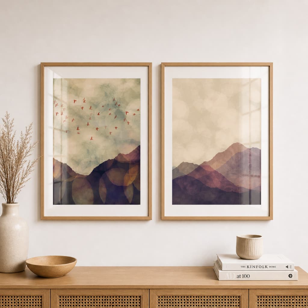Kit 2 Quadros Decorativos Tons Terrosos Paisagem Aquarela Montanhas E Pássaros Com Moldura