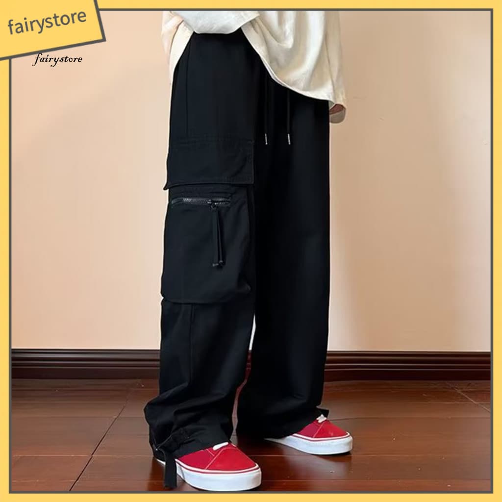 KDFS-Calças Casuais Masculinas Soltas Outono Inverno Ajuste Relaxado Cintura Baixa Cargo Largas