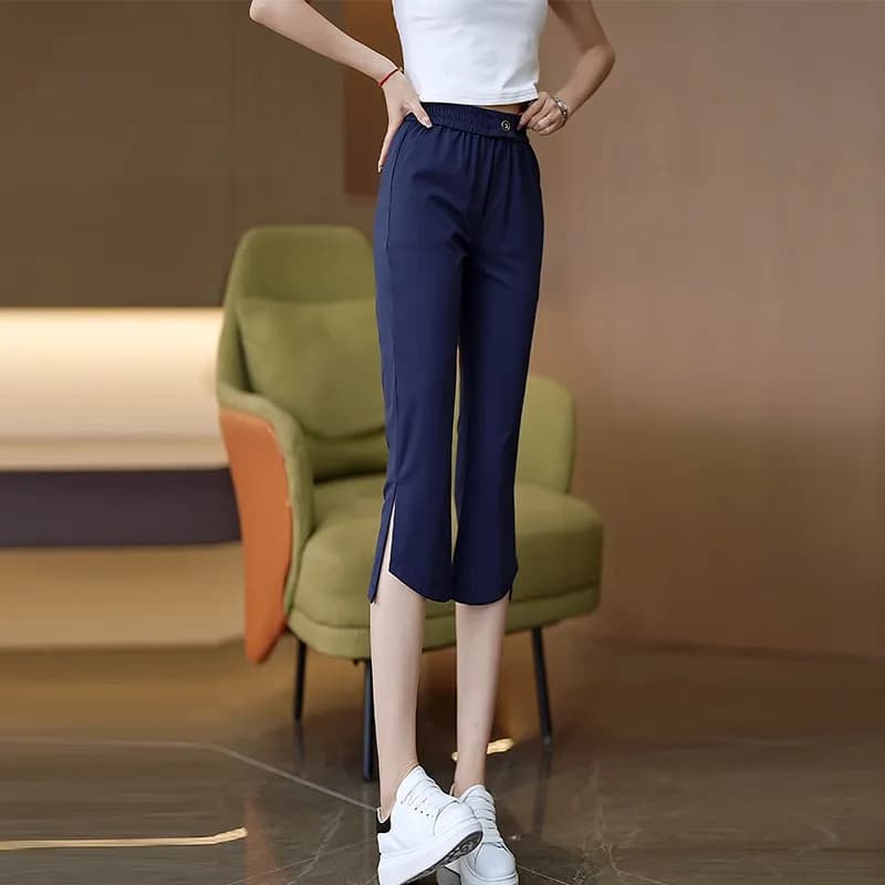 2026 verão pequeno feminino gelo seda calças de secagem rápida All-Match moda Casual Chef cortado fenda Micro queimado c