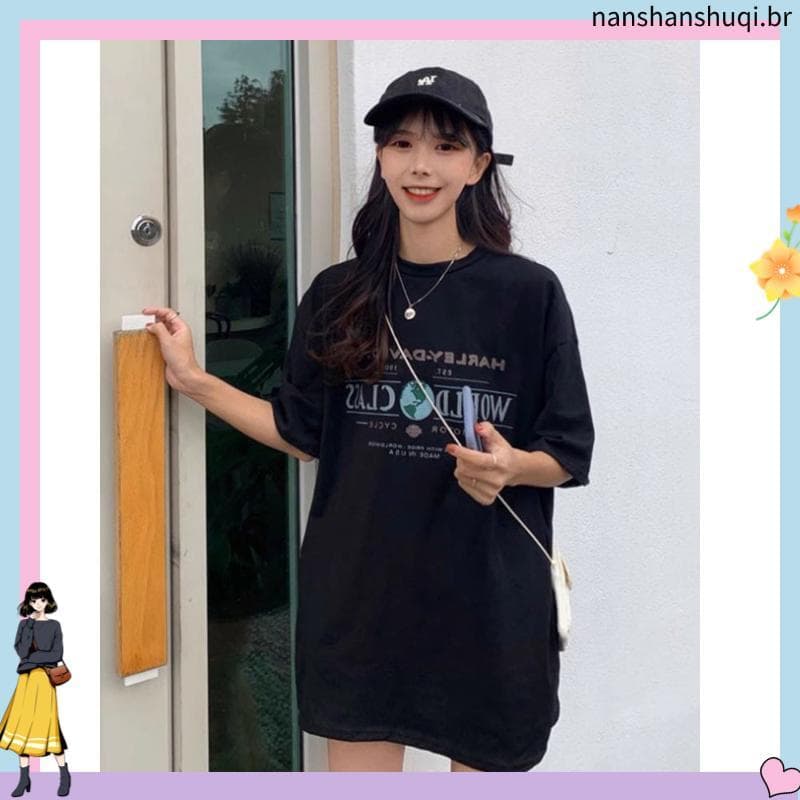 Versão coreana preto Hip-cobrindo All-Match meados de comprimento camiseta feminina verão tamanho Extra grande gordura m