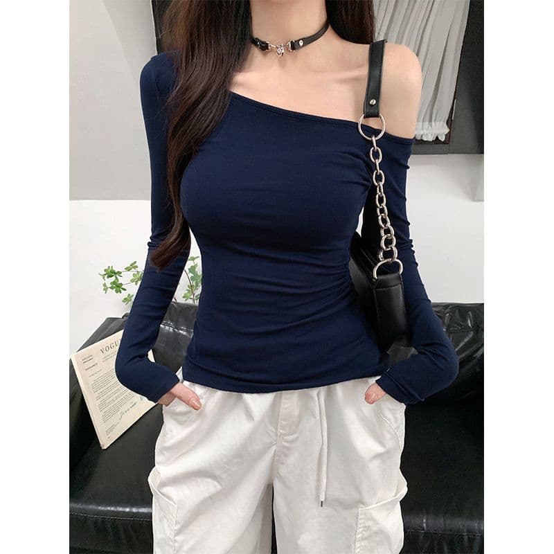 Outono inverno novo estilo senhoras de manga comprida camiseta gola Diagonal Design esquemas sem alças All-Match puro de