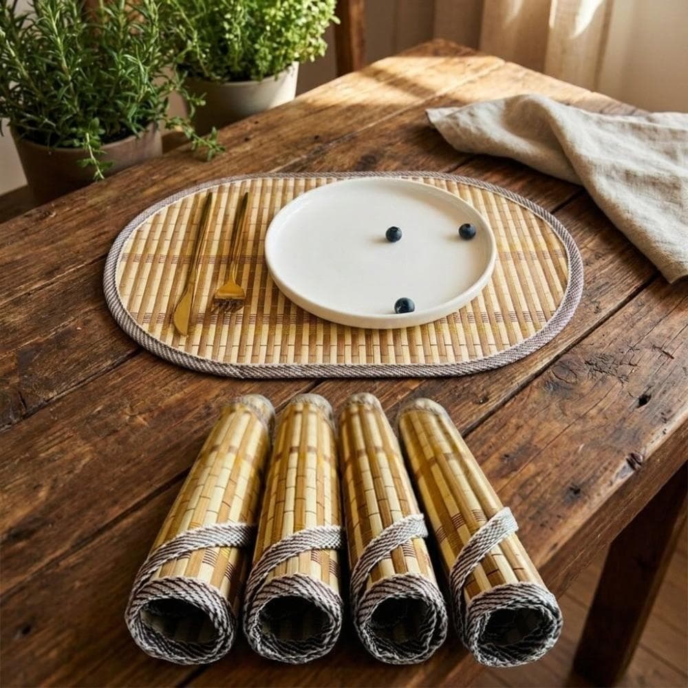 Jogos Americanos De Bambu , Jogo Americano Oval Tecido Com Borda Antiderrapante , Tapete De Mesa Rústico Resistente Ao C