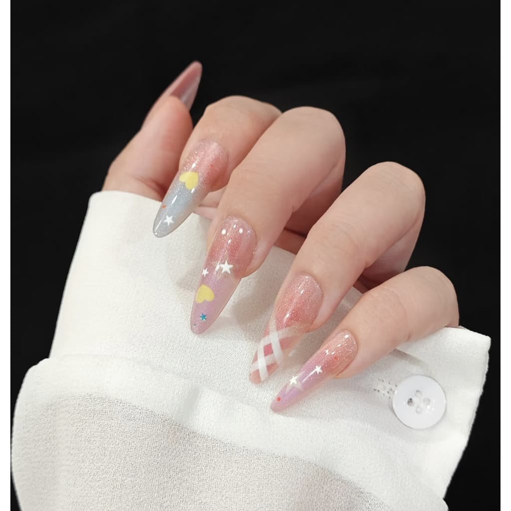 Unhas Postiças de Verão com Efeito Dopamina, Estilo Starburst, Coração, Macaron, Estrelas Coloridas, Bolinhas, Laço e Gr