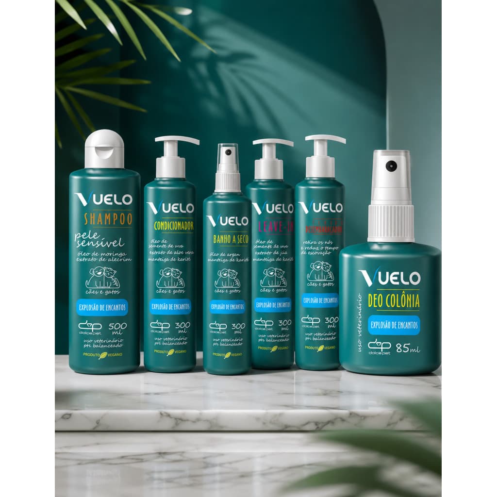 Kit Dolce Pet Shampoo Pele Sensível + Condicionador + Banho á Seco + Leave-in + Fluido + Colônia Explosão de Encantos