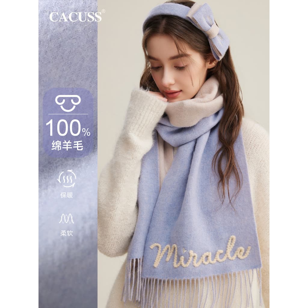 CACUSS cachecol de lã pura feminino inverno novo estilo dupla face contraste cor borla cachecol manter quente à prova de