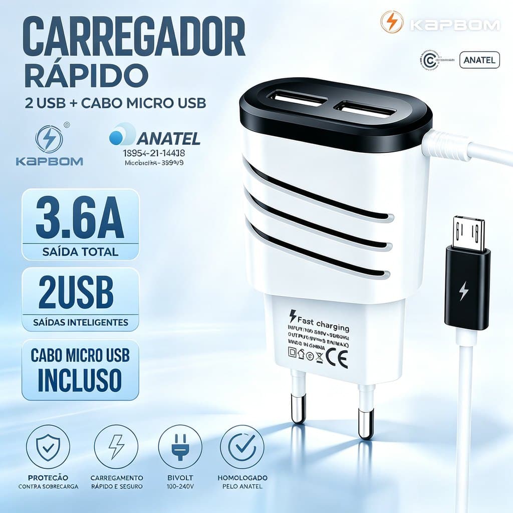 Atacado Profissional Kit 3/5/10 Carregador Smart 2 USB Cabo V8 Embutido 3.1A | Bivolt Rápido 80cm | Celular Tablet Fone
