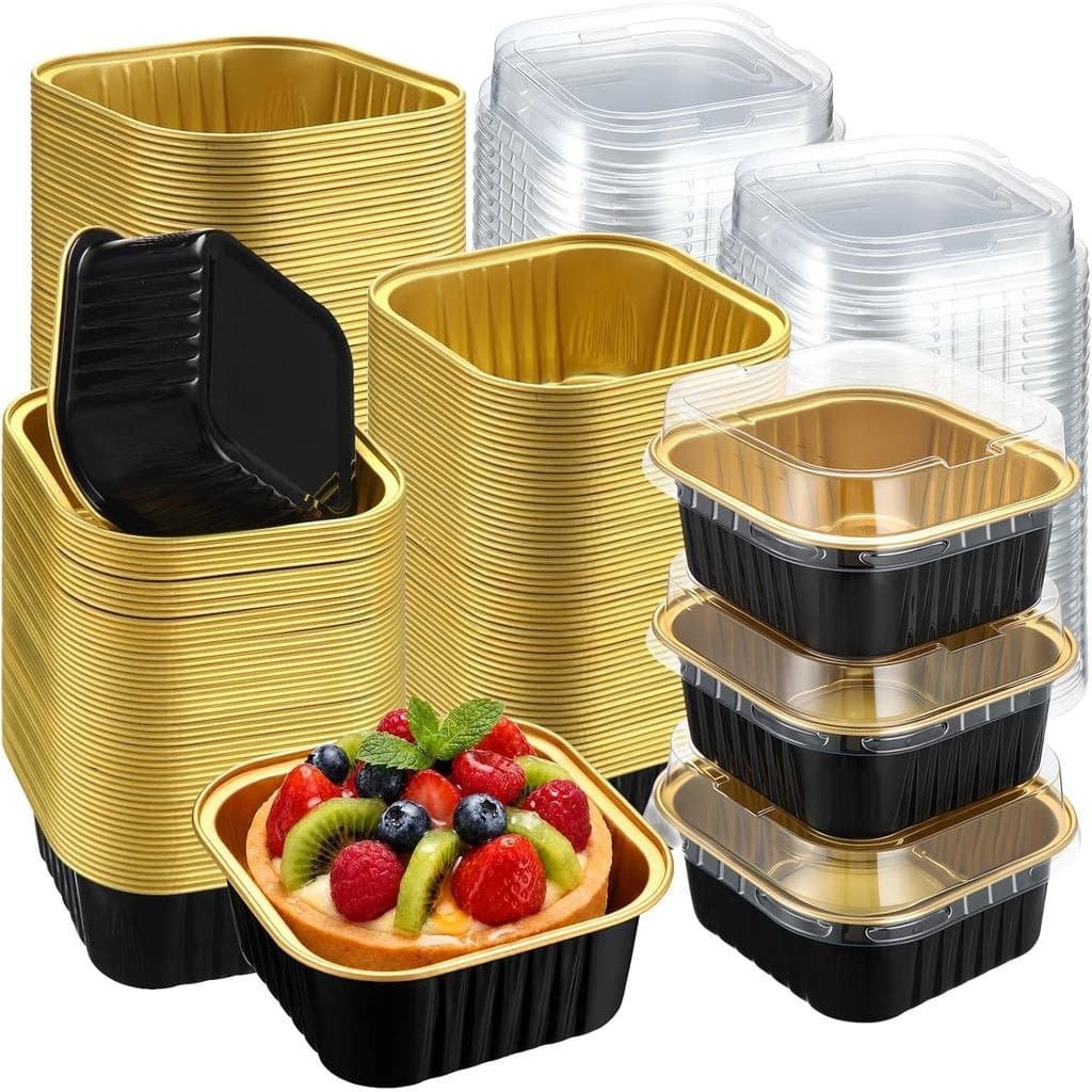 Pacote com 200 Formas de Bolo Mini de 5 oz com Tampa, Formas de Alumínio Descartáveis para Cupcakes, Recipientes Quadrad