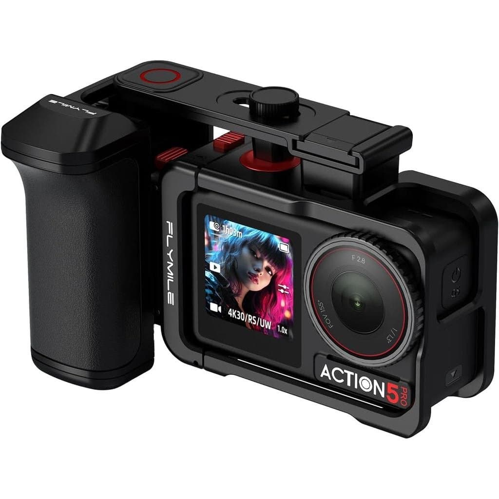 O DJI Action5 é compatível com o DJI Action4, e inclui acessórios como alça para o Pro3, botão de liberação rápida, supo
