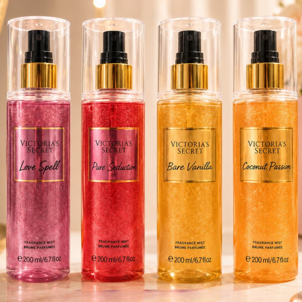 Kit Body Splash Glitter VS Love Spell Pure Seduction Vanilla Coconut Premium