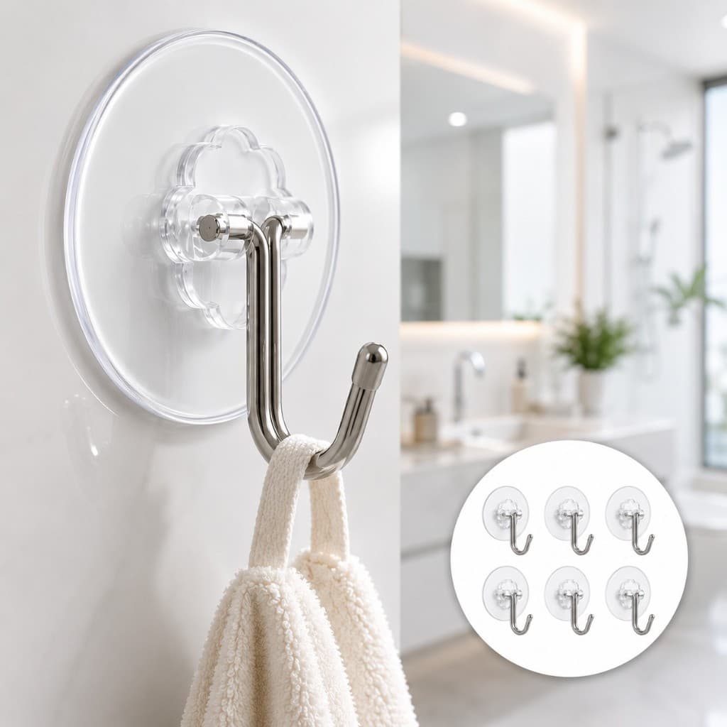 Kit 6 Ganchos de Parede em Aço Inox com Ventosa Transparente sem Furos