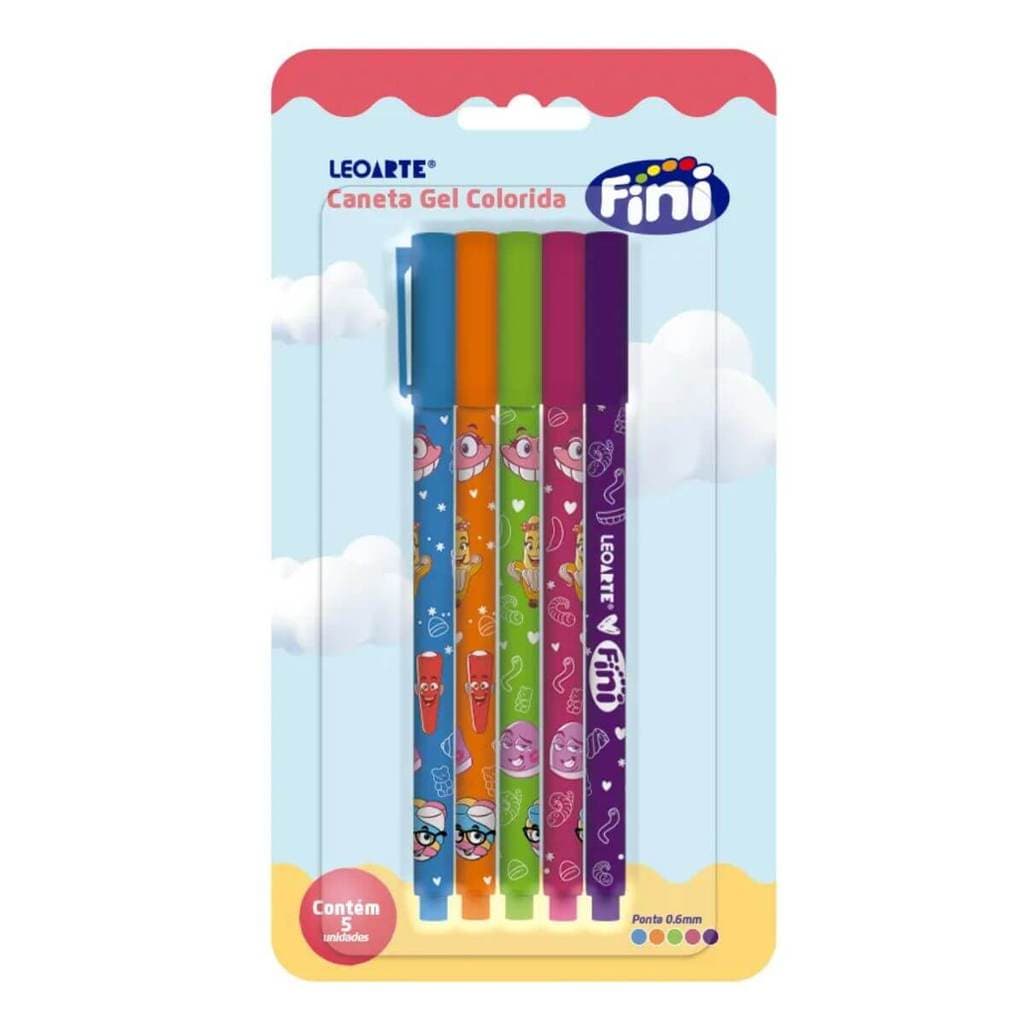Kit Caneta Gel Colorida 0.6mm Corpo Estampado Fini 5 Cores