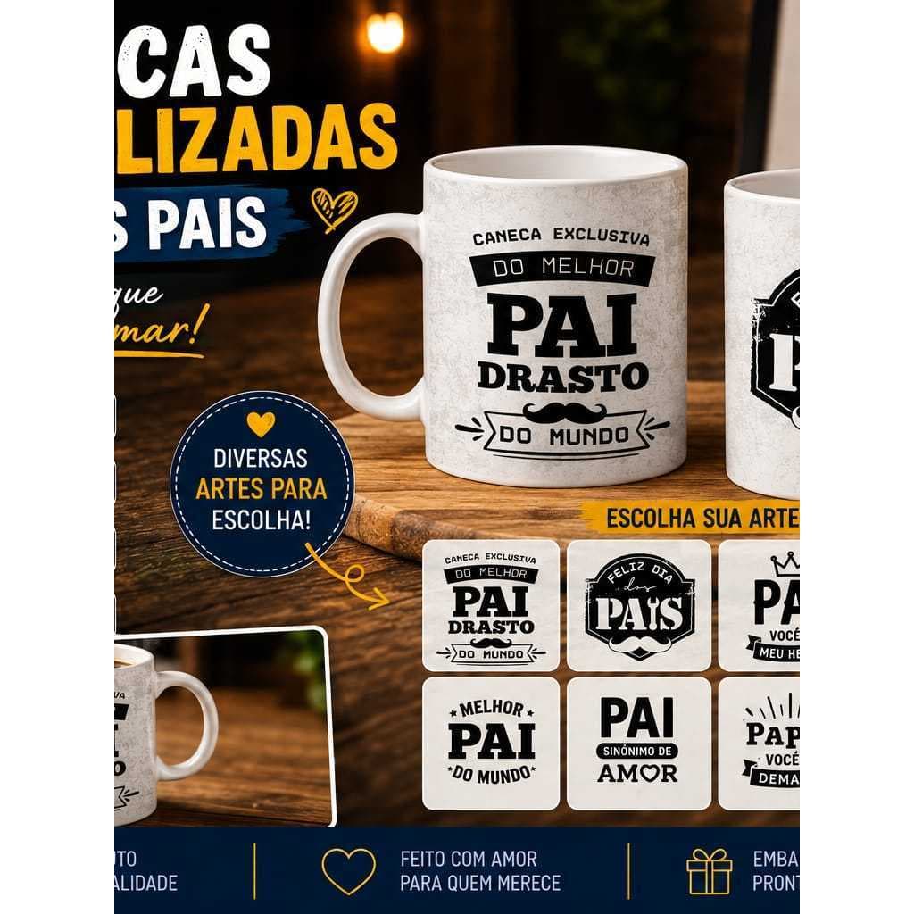 Caneca Personalizada Branca 325ml Presente Dia dos Pais Com Foto, Nome, Frase ou Logo Sua Caneca do Seu Jeito