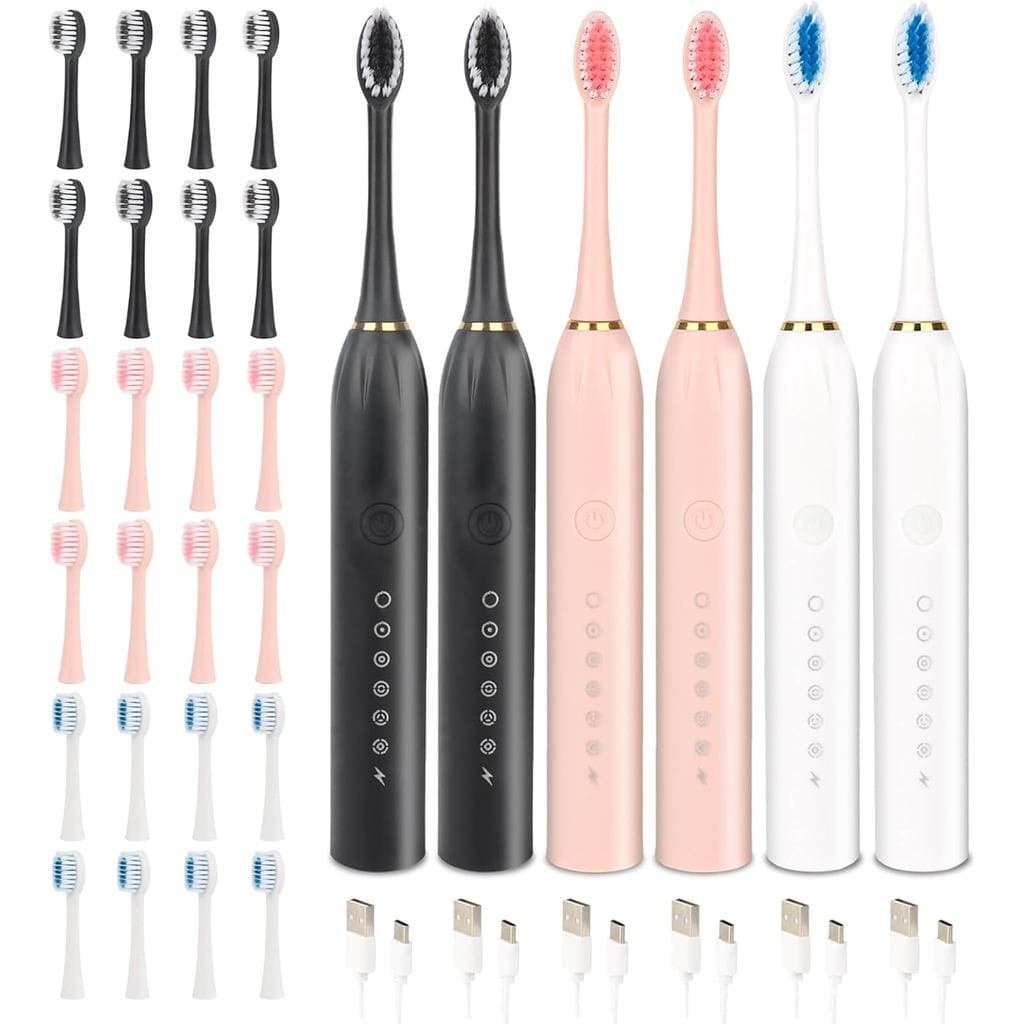 Conjunto de 6 Escovas de Dente Elétricas Recarregáveis para Adultos, Escova de Dente Sônica Elétrica com 4 Cabeças de Es