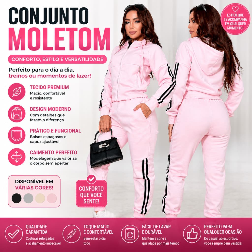 Conjunto Moletom Feminino Listra Lateral Calça Jogger E Blusa Com Zíper Capuz Look Esportivo Confortável Casual Luxo