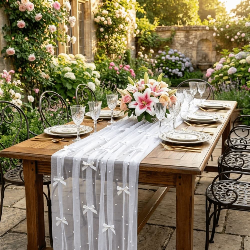 Corredor De Mesa De Tule FALLFORBEAUTYEJ , Chiffon Pérola Com Laço De Luxo Romântico , Semitransparente