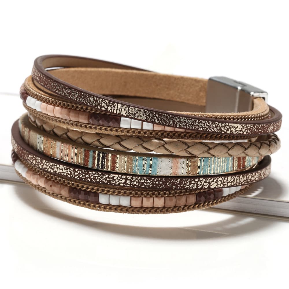 Pulseira de couro trançada artesanal boêmia para mulheres, muito vendida, com fecho magnético de liga, pulseira de PU mu