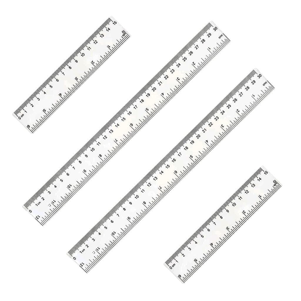 Conjunto de 4 réguas retas de 6+12 polegadas, régua de plástico transparente, régua com medidas em centímetros e polegad